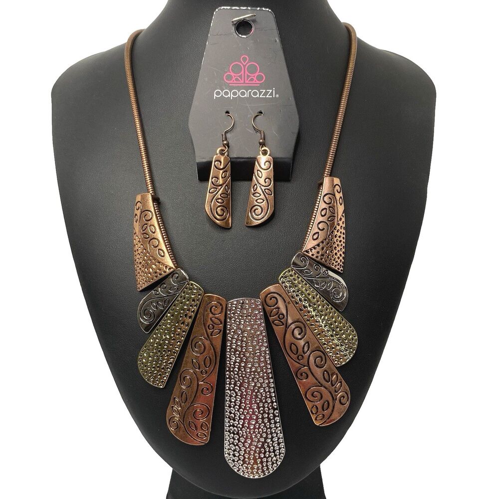 Paparazzi Untamed Hammered Copper Gold Silver Vine Necklace and Earring Set